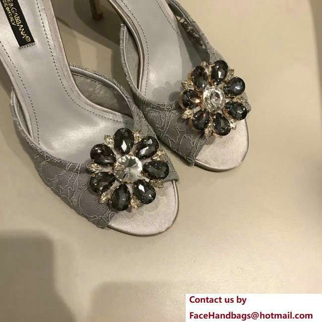 Dolce  &  Gabbana Heel 7cm Slippers Gray In Lace With Crystals 2018